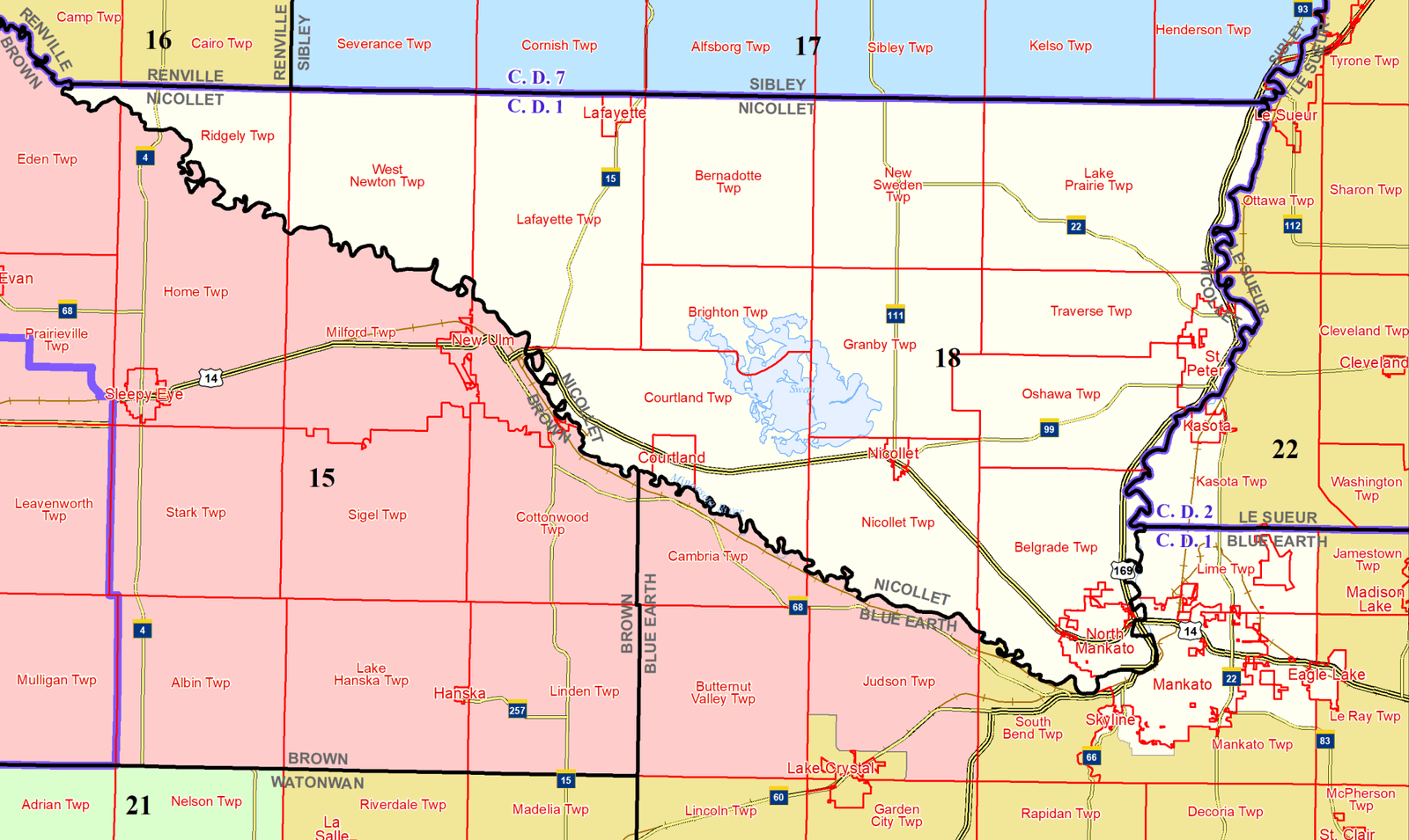 Map of Minnesota Senate District 18 — Blue Earth, Nicollet, and Le Sueur counties, including Mankato, North Mankato, and St. Peter
